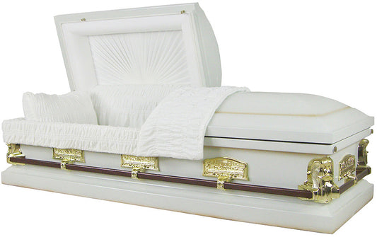 M-8021-FS   White Angel Casket / 18ga / Last Supper / White Velvet / Gold Hardware