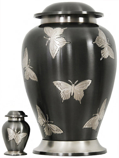 081-A - Brass Urn Gray/w Silver Butterflies