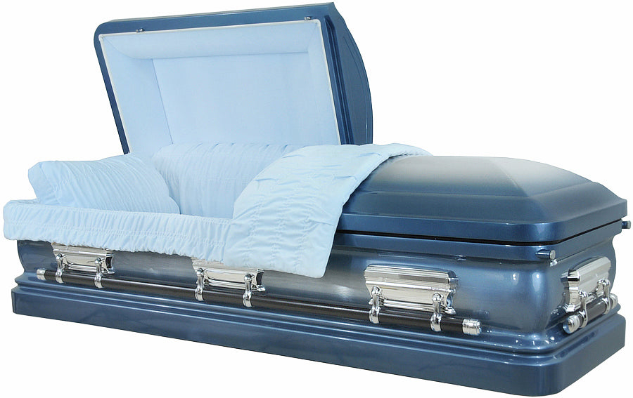 M-8101-FS   Medium Blue Metallic / Natural Brush / Lt Blue Velvet Interior / Silver Hardware /18ga