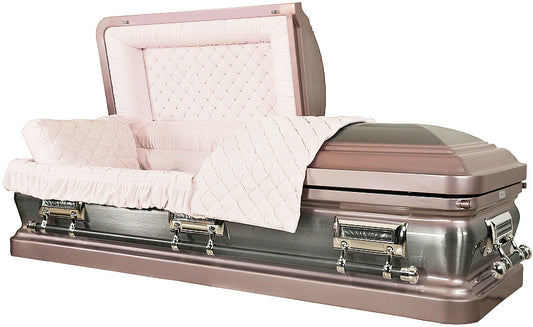 M-8104-FS  18 Gauge Steel Casket / Silver Rose / Brushed Silver / Pink Velvet / Silver Hardware