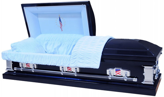 M-8121-FS  18 US Flag Casket / Navy Blue Finish / Patriotic Head Panel