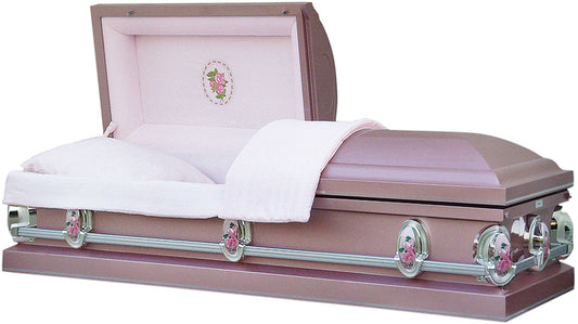 M-8165-FS  Three Roses Casket/18ga/Orchid Finish/Light Pink Velvet