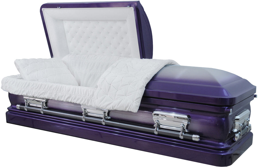 M-8205-FS Purple Casket / Natural Brush / White Velvet / 18 Gauge / Protective