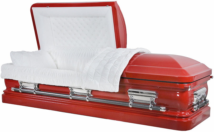 M-8216-FS  Red Casket with White velvet / Silver Hardware  / 18 Gauge / Protective