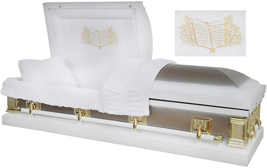 M-8265-FS  18 gauge / Open Bible / White Velvet / Gold Finish / Gold Hardware / Protective