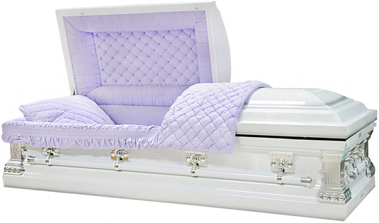M-8267-FS  18ga / White Casket / Silver Accents / Lavender Velvet Interior / Silver Hardware