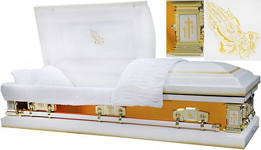 M-8271-FS   Praying Hands Casket / 18ga / White with Gold Mirror Sides / White Velvet Interior / Gold Hardware