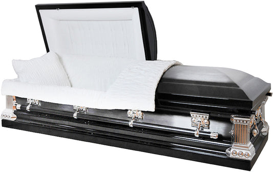 M-8285-FS   Black with Natural Brush Onyx Casket/18 Guage/White Velvet Interior