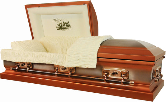M-8301-FS   Farm Scene Casket / 18ga / Almond Velvet / Copper with Natural Brush / Windmill