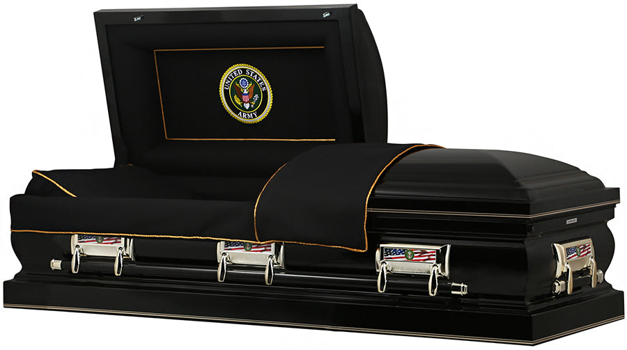 M-8302-FS   U. S. Army Casket /(18ga)/ Black/ Gold Piping/ Silver Hardware/ Gold Pinstripe