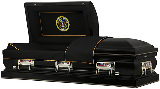 M-8302-FS   U. S. Army Casket /(18ga)/ Black/ Gold Piping/ Silver Hardware/ Gold Pinstripe