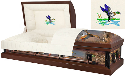 M-8317-FS   Duck Wrapped Casket / 18 Gauge / Hunter's Casket / Duck Embroidery / Beige Interior