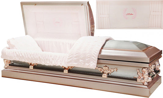 M-8329-FS   Mother Casket with Curtains Head Panel / 18ga / Silver Rose Finish / Silver Brush / Rose Tan Hardware / Pink Velvet Interior