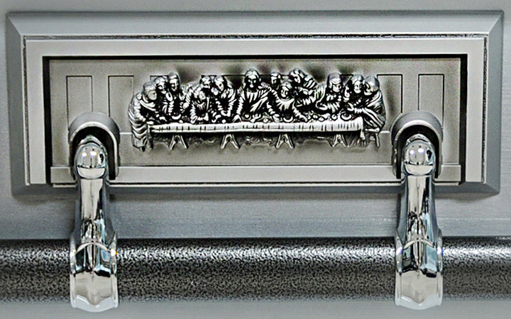 M-8332B-FS  18ga / Pieta Casket / Last Supper Casket / White Finish / Silver Brush / White Velvet