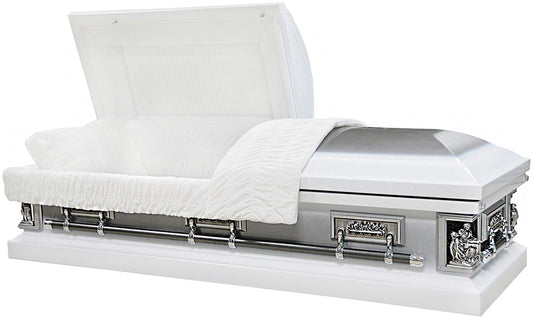 M-8332B-FS  18ga / Pieta Casket / Last Supper Casket / White Finish / Silver Brush / White Velvet