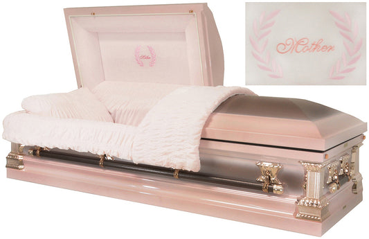 M-8335-FS   Mother Casket / 18ga / Pink with Lilac Metallic / Pink Velvet / Rose Tan Hardware