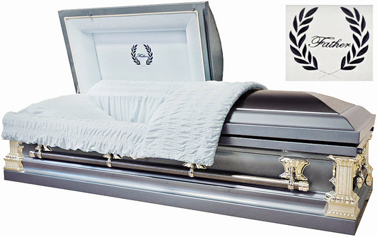 M-8368-FS   Father Casket 18ga Light Blue Metallic and Black Metallic Light Blue Velvet
