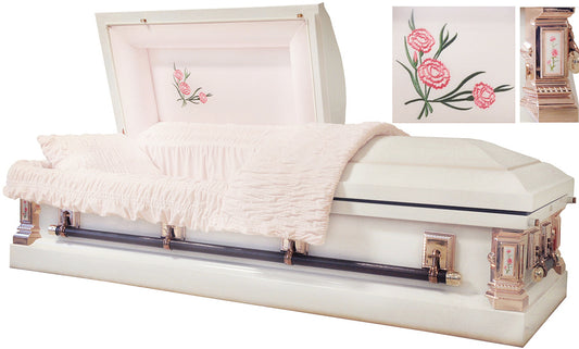 M-8373-FS   White Carnation Casket / Light Pink Accents / Light Pink Velvet