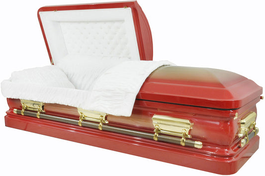 M-8375-FS Red Casket with Gold Brush /  White Velvet / Gold Hardware  / 18 Gauge/ Protective