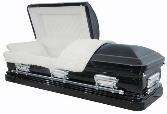 M-8380-FS   Black Casket / 18ga / White Velvet Interior / Silver Hardware