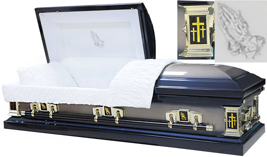M-8384-FS   Praying Hands Casket / 18ga / DARK NAVY Metallic & Gold Metallic / Ivory Velvet Interior