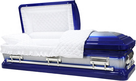 M-8403-FS Royal Blue Casket with Natural Brush / White Velvet Interior / Silver Hardware / 18 Gauge / Protective