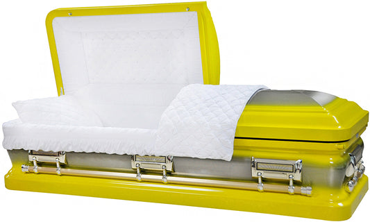 M-8404-FS  18ga / Bright Yellow Casket / Natural Brush / White Velvet Interior / Silver Hardware