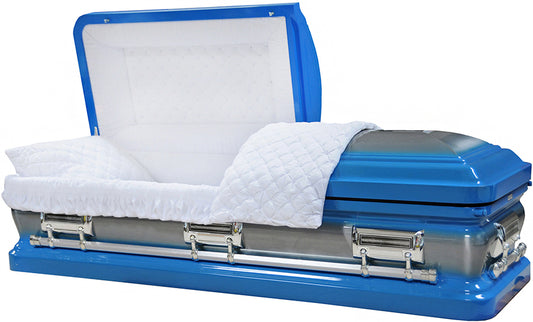 M-8406-FS   18ga/Blue Casket with Natural Brush/White Velvet Interior/Silver Hardware