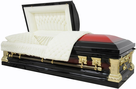 M-8425-FS   Black and Red Casket / 18ga / Beige Velvet Interior / Gold Hardware