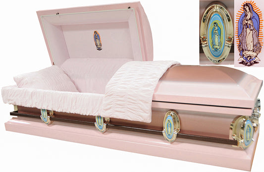 M-8549-FS  18ga / Guadalupe Casket / Virgin Mary / Light Pink / Dark Pink Brush / Light Pink Velvet