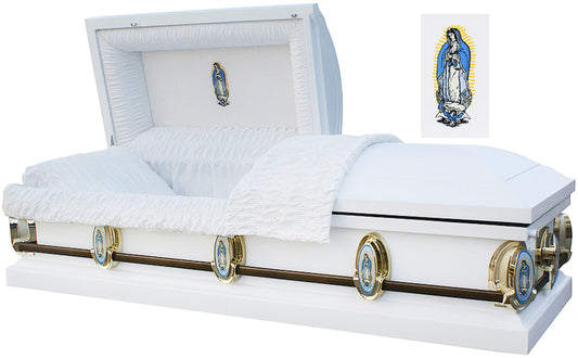 M-8550-FS   Lady of Guadalupe / White with Gold Shaded Finish / 18 ga / White Velvet Interior