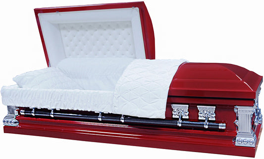 M-8557-FS   18ga / Red Casket / White Velvet Interior / Silver Hardware