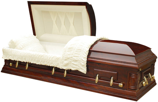 W-8640-FS   Mahogany Veneer Wood Casket / High Gloss / White Velvet Interior
