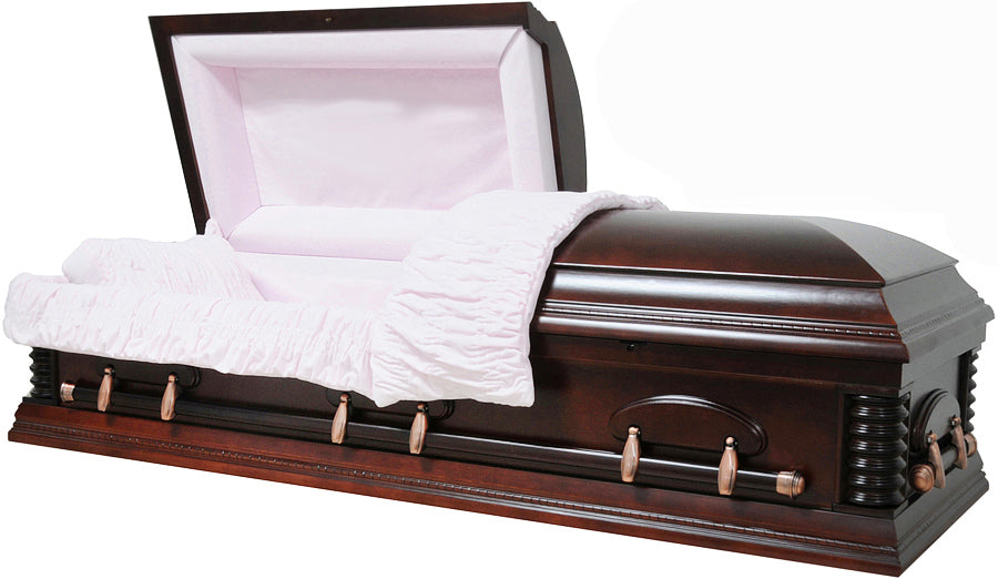 W-8678B-FS   Cherry Wood Veneer Casket / Mother Casket with Head Panel Removed / Pink Velvet Interior