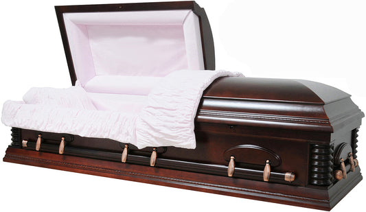 W-8678B-FS   Cherry Wood Veneer Casket / Mother Casket with Head Panel Removed / Pink Velvet Interior
