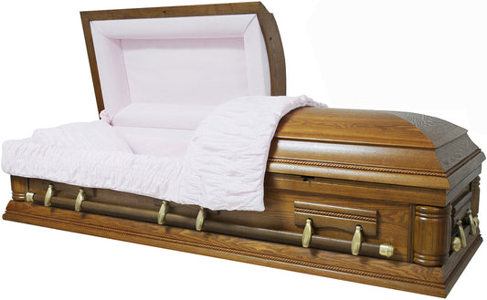 W-8679B - FS  Oak Veneer / Mother Casket with Head Panel Removed / Pink Velvet