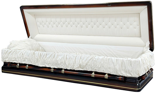 W-8802FC-FS Antiqued Solid Poplar Casket/High Gloss/Cream Velvet/Gold Stripe/NO Foot Panel