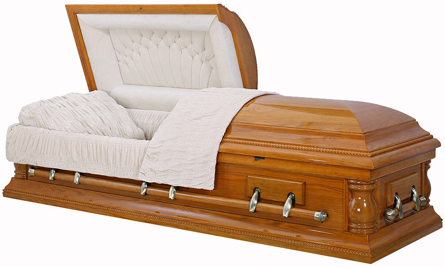 W-8838-FS   Solid Oak Casket / Cream Velvet Interior / High Gloss