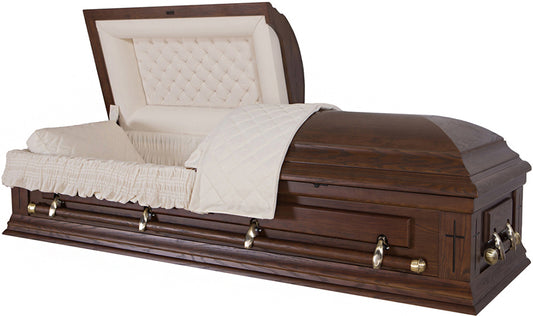 W-8853-FS   Dark Brown Solid Oak / In God's Care Casket / Crosses in the Corners / Almond Velvet Interior