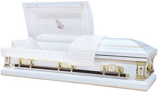 M-9391-FS  White w/Gold accent Praying hands / White Velvet Interior / Praying Hands Headpanel