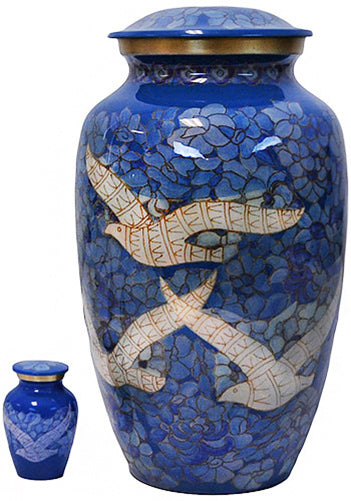 196-A-FS - Brass Urn / Dk Blue and Lt Blue/w White Birds