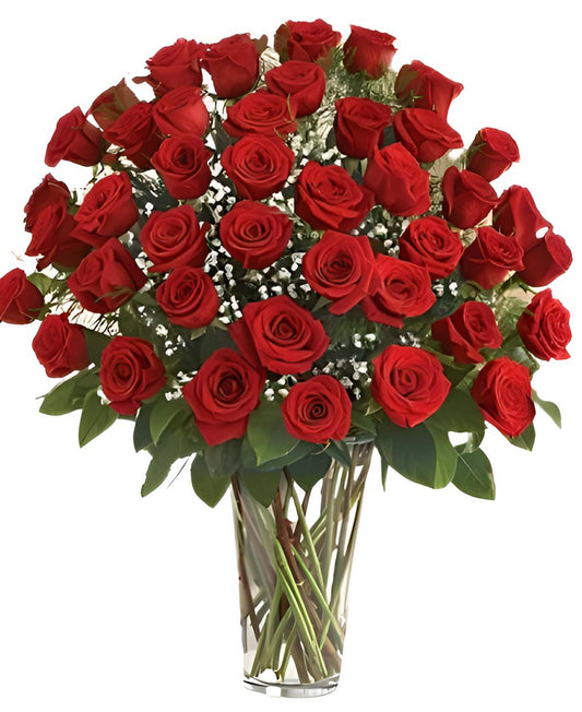 4 DOZEN RED ROSES AND BABIES BREATH