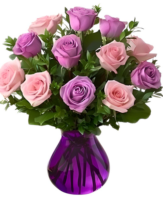 PINK AND PURPLE ROSES IN PURPLE VASE